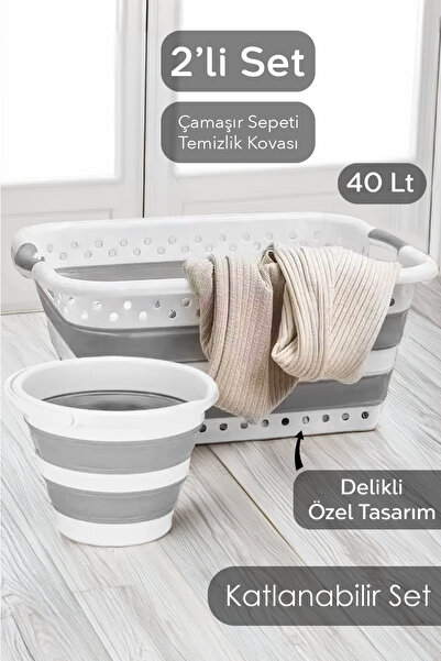 Meleni Home 2'li Silikon Katlanır Set - Büyük Boy Katlanabilir Çamaşır Sepeti...