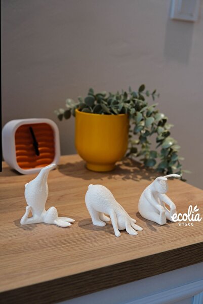 Main Collectibles 3 lü Beyaz Yoga Tavşanı Dekoratif Obje Seti | Kitaplık Süsü, Kahve Köşesi Minimal Ev Dekoru