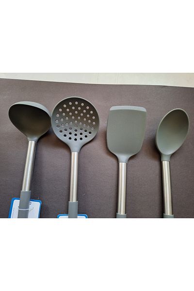 IVORY Set of 4 Fireproof Non-Stick Steel Handle Silicone Spoon, Colander, Spatula, Scoop