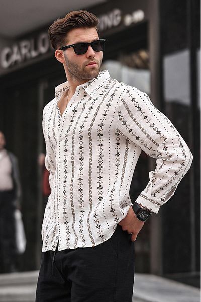 Madmext Brown Patterned Long Sleeve Men's Shirt 6734