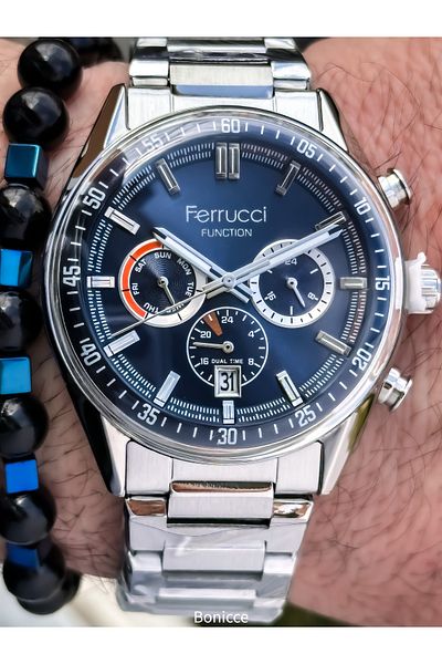 Ferrucci Silver-Navy Steel Cord, Functions Active, Men's Wristwatch Bracelet in Gift Box