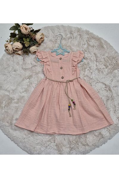 Şenkız Rochie pentru fete, 100% bumbac, țesătură muselină, cu mânecă scurtă, confortabilă, ocazională, cu detaliu cu nasturi