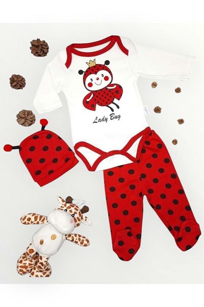 wakawakakidsstore Beetle Themed 3-Piece Baby Set - Bodysuit, Booties, Bottom Hat - Red - 3-Months