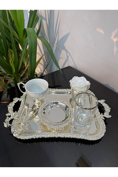 Santara Avangarde Silver Plated Rose Bordured Groom Coffee Set & Promise Engagement Set & Scissors