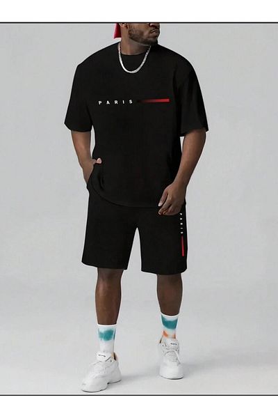 NO 601 Men's Black Red Paris Printed Oversize Tshirt Black Short Set