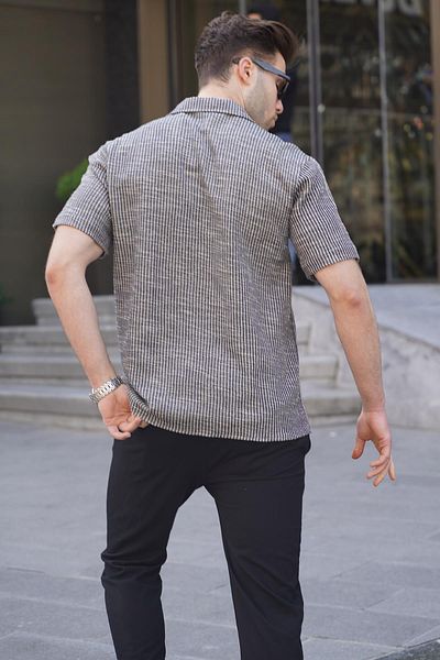 Madmext Navy Blue Striped Short Sleeve Men's Shirt 5595