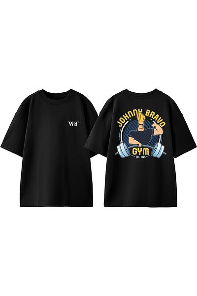 THEWERT Tricou supradimensionat negru din bumbac cu imprimeu pe spate Johnny Bravo Gym Design