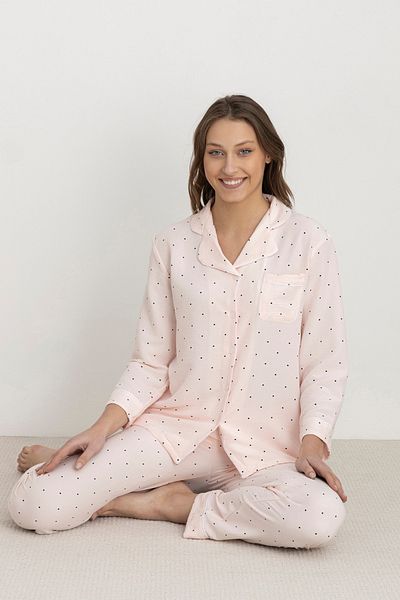 DOFİ Dofi Women's Salmon Polka Dot Pajama Set Long Sleeve with Button Closure and Pocket and Cuff Detail