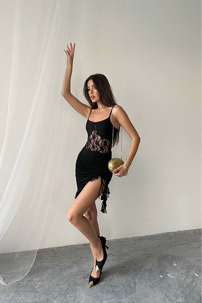 Neşeli Butik Women Black Strap Lace Mini Dress Nbdf030