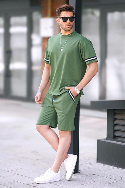 Madmext Khaki Crew Neck Pánské šortky Set 5951
