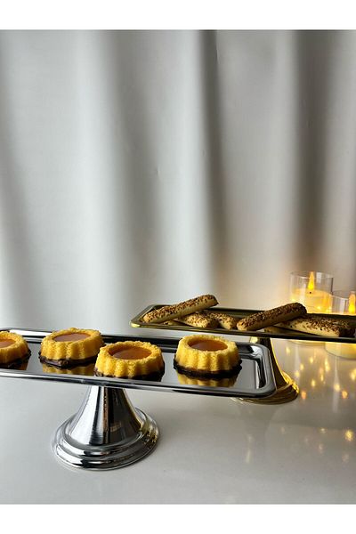 Moon Dizayn 2-Piece Silver Rectangular, Stylish Cake, Pastry, Cookie and Dessert Serving Presentation Stand with Legs