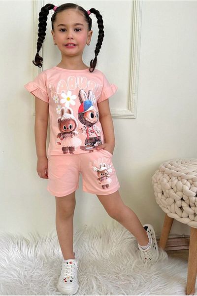 LİLLYPİCCA Girl's Character Patterned Ruffle Gathered Top and Bottom Set
