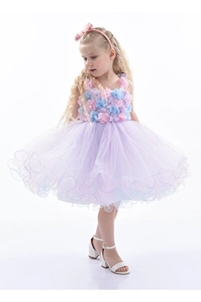 ChatonDor Kız Çocuk Çiçek Aplikeli Abiye Elbise ve Taç