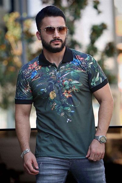Madmext Khakifarbenes Polo-T-Shirt mit Blumendetail 2885