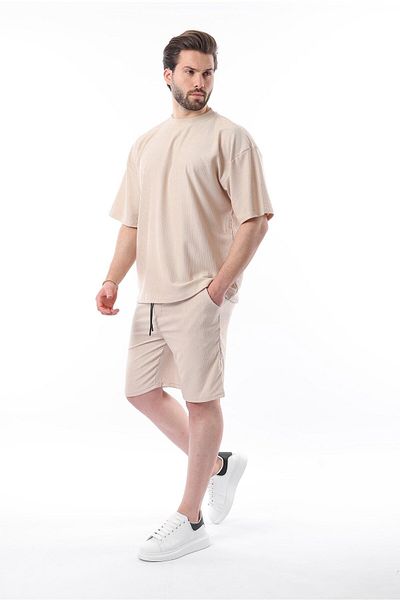 Madmext Σετ ανδρικό σορτς μπεζ Crew Neck 5949