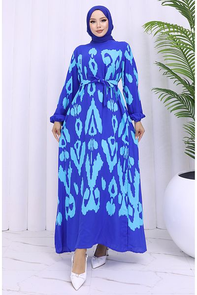 sefamerve Φόρεμα με ζώνη από ύφασμα βισκόζης 2033-07 Saks Turquoise