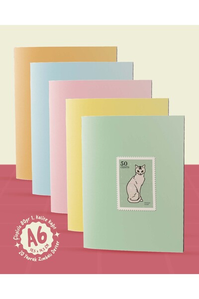 POSTERİFY Pastel Colored Cats Collection - A6 Staple Stitched 5 Pieces Cat Themed Notebook - 10,5X14,5 cm
