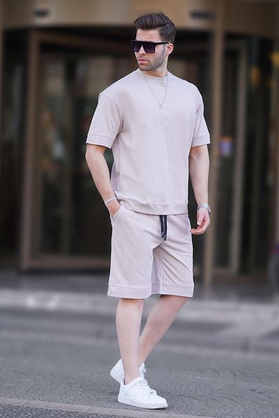 Madmext Beiges Basic-Shorts-Set mit Rundhalsausschnitt für Herren 5953