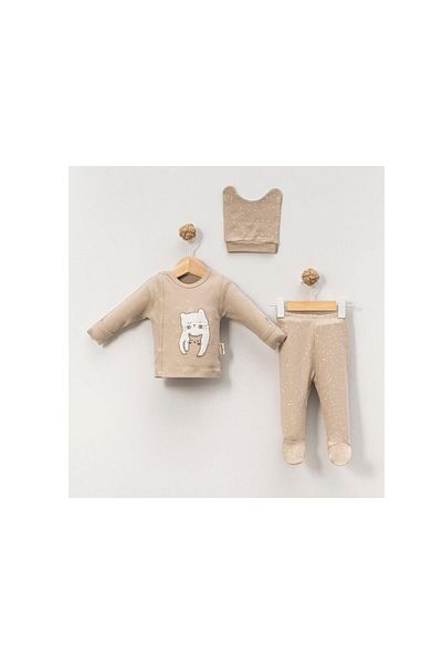 TRENDİMİZBİR Baby Boy Snowy Cat Patterned Top and Bottom Set - Beige