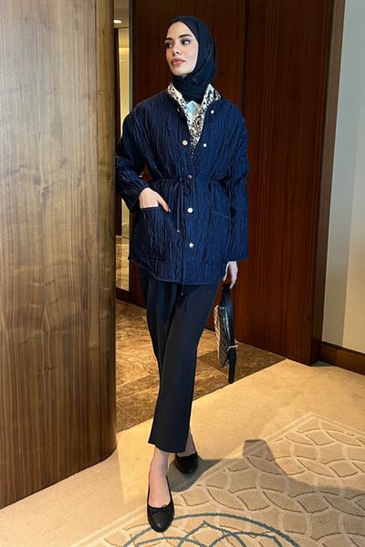 Tasarım Women's Jacquard - Textured Belted Jacket - Cap - Stylish and Modern Design