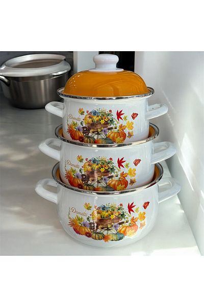 AHİR TİCARET Ebru Metal Enameled 3-Piece Cookware Set 16 Cm-18 Cm-20 cm