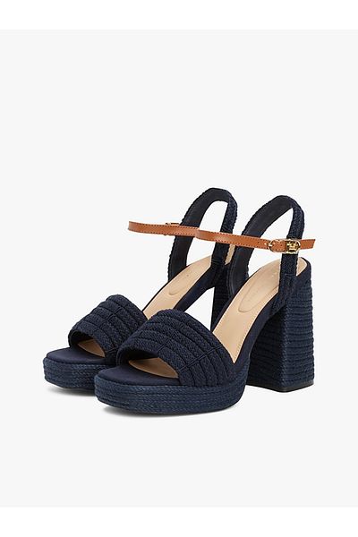 Tommy Hilfiger Women's High Thick Straw Heel Ankle Lacing Comfortable Navy Blue Sandals Fw0Fw08425-Dw6