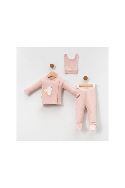 TRENDİMİZBİR Rabbit Embroidered Unisex 3-Piece Powder Newborn Bodysuit Set