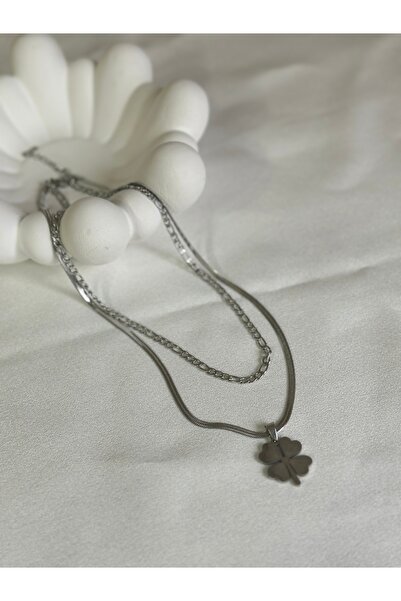 Goldline Çelik Kadın Kolye Yonca Ikili Zincir Silver Gümüş