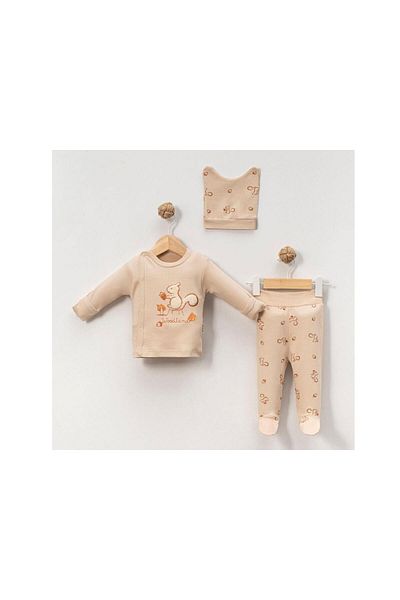 TRENDİMİZBİR Unisex Orange Squirrel Embroidered 3-Piece Top and Bottom Set Newborn Outfit Cotton Organic
