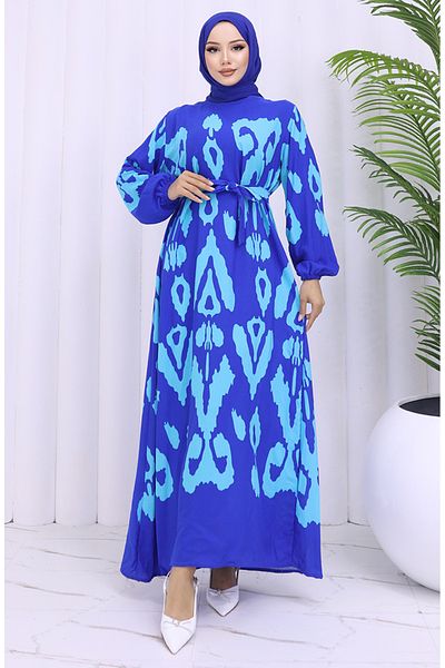 sefamerve Φόρεμα με ζώνη από ύφασμα βισκόζης 2033-07 Saks Turquoise
