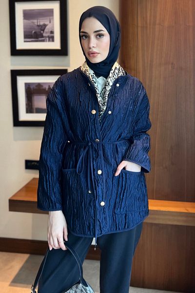Tasarım Women's Jacquard - Textured Belted Jacket - Cap - Stylish and Modern Design