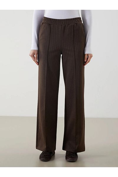 LC Waikiki Lcw Modest Beige Striped Women's Trousers with Elastic Waist