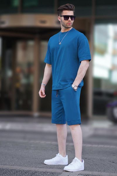 Madmext Βασικό ανδρικό σορτς Petrol Blue Crew Neck 5953