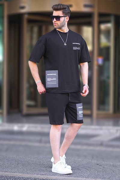Madmext Black Crew Neck Printed Pánské šortky Set 5942