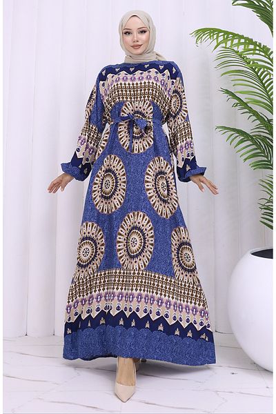 sefamerve Φόρεμα με ζώνη από ύφασμα βισκόζης 2032-05 Navy Blue Lilac