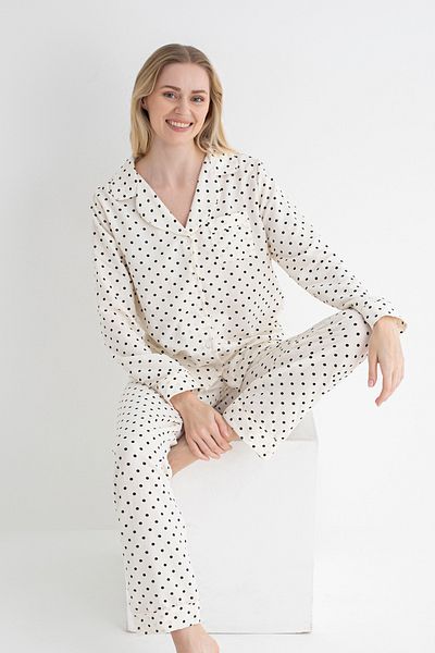 DOFİ Dofi Women Ecru Polka Dot Pajamas Set Long Sleeve, Button, Aerobin Fabric