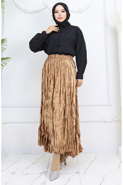 sefamerve Fusta din satin cu talie elastica 0048-08 Mustar