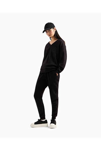Armani Exchange Kadın Rahat Kalıp V Yaka Yapay Elmas İşlemeli AX Logolu Uzun Kollu Siyah Sweatshirt XW000093 AF10804