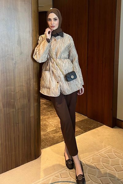 Tasarım Women's Jacquard - Textured Belted Jacket - Cap - Stylish and Modern Design
