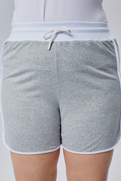 BANEGA Curve Büyük Beden Kadın Biye Detaylı Örme %100 Pamuk Yüksek Bel Gri Şort& Bermuda