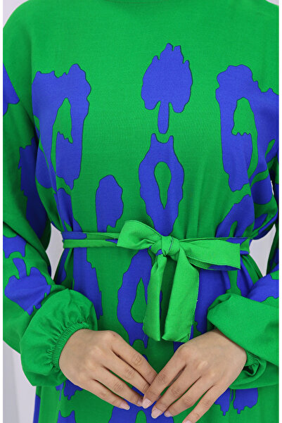 sefamerve Φόρεμα με ζώνη από ύφασμα βισκόζης 2033-02 Green Saks