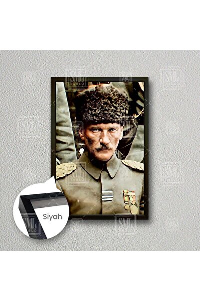 SML TABLO Mustafa Kemal Atatürk Büyük Komutan Siyah Kalpaklı Portre Çerçeveli...