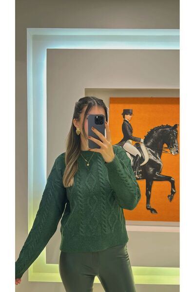 todays co Yeşil Bisiklet Yaka Balıksırtı Desenli Triko Kazak