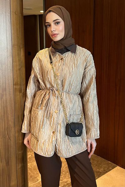 Tasarım Women's Jacquard - Textured Belted Jacket - Cap - Stylish and Modern Design