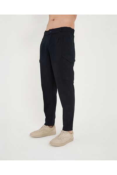 RELAXL 100% Cotton Tapered Fit Pleated Men's Gabardine Navy Blue Cargo Trousers