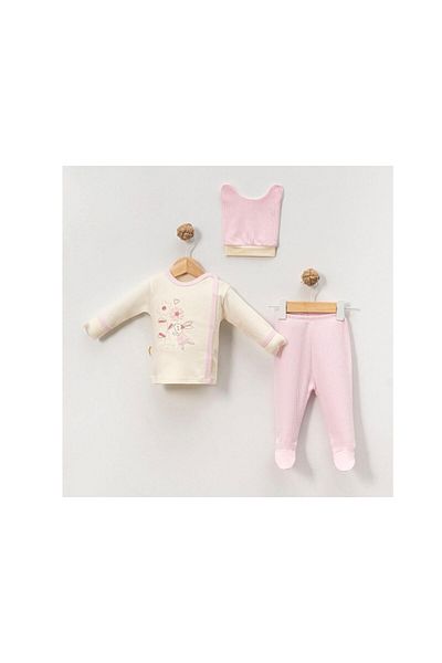 TRENDİMİZBİR Baby Girl Pink Daisy Rabbit Embroidered 3-Piece Bodysuit Set Newborn Outfit Soft Knitted Fabric