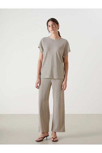 LC Waikiki Lcwaikiki Classic Beige Elastic Waist Striped Women's Trousers