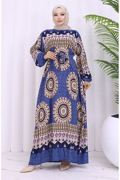 sefamerve Φόρεμα με ζώνη από ύφασμα βισκόζης 2032-05 Navy Blue Lilac