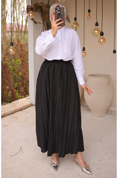 sefamerve Fusta plisata cu talie elastica 71268-01 Negru