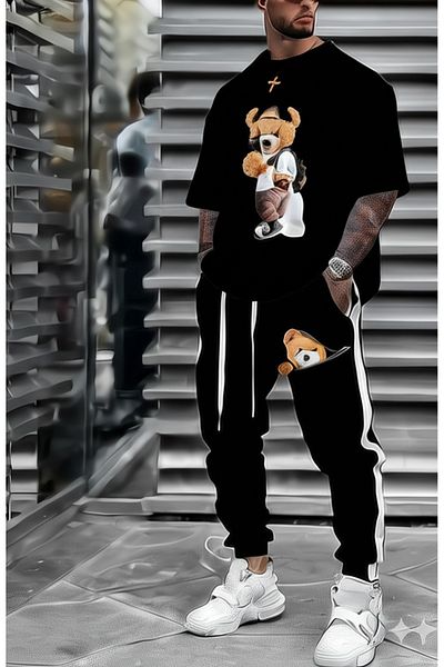 NO 601 Men's Black Selfie Teddy Bear Printed T-Shirt Black Side White Skinny Leg Sweatpants Set